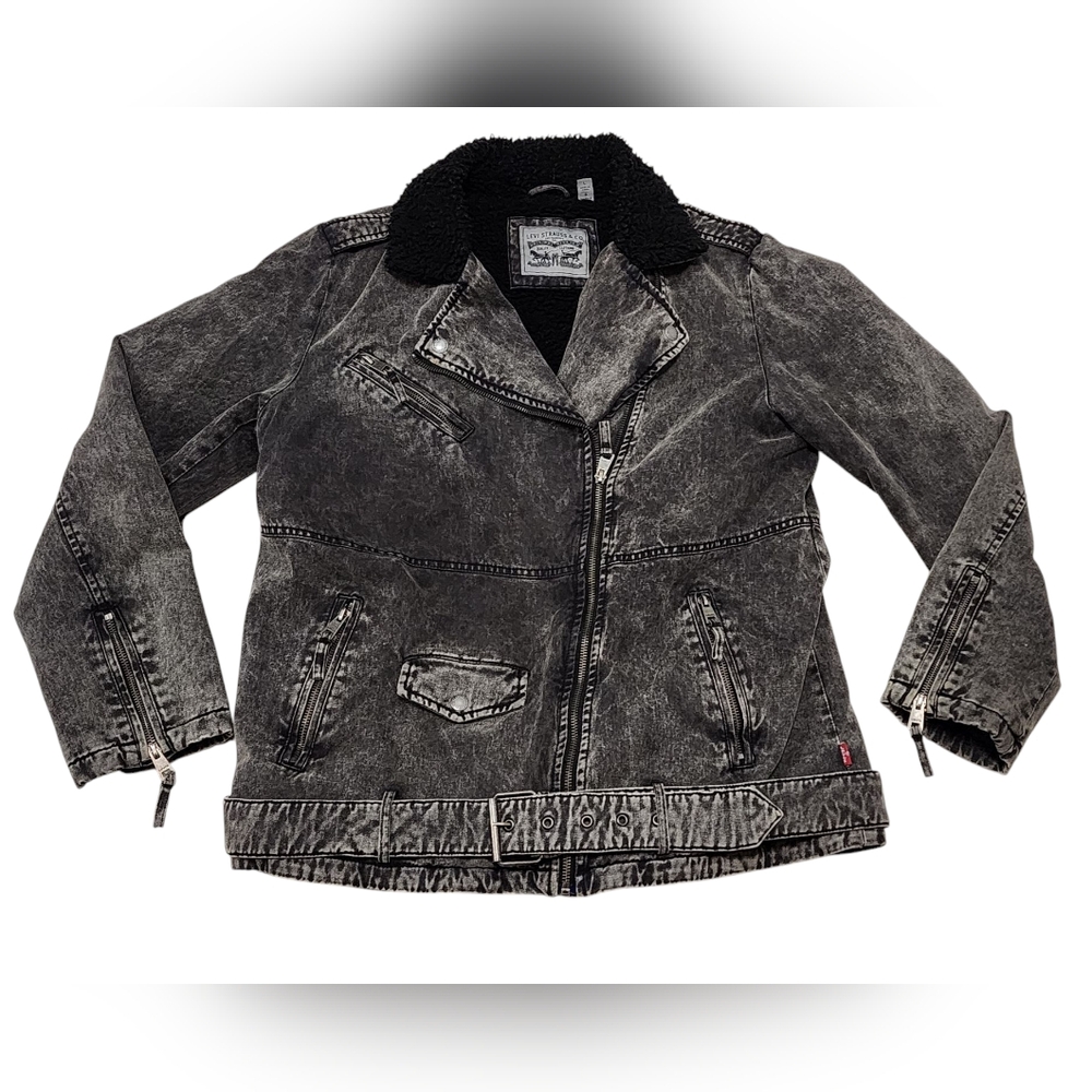 Levis Acid Wash Blk Cotton Sherpa Moto Trucker Denim Jean Ex-Boyfriend Jacket L